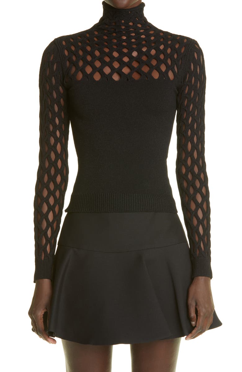 Valentino Net Mock Neck Sweater, Main, color, Nero