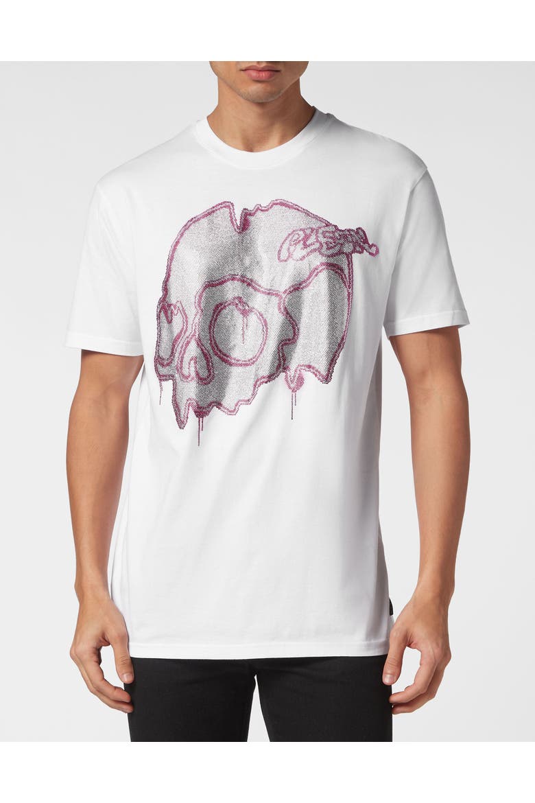 T-Shirt Round Neck Ss With Crystals Dripping Skull Men, Main, color, white