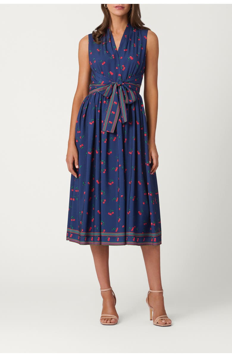 Shoshanna Cherry Border Print Crepe de Chine Thorton Dress, Main, color, Navy/Cherry