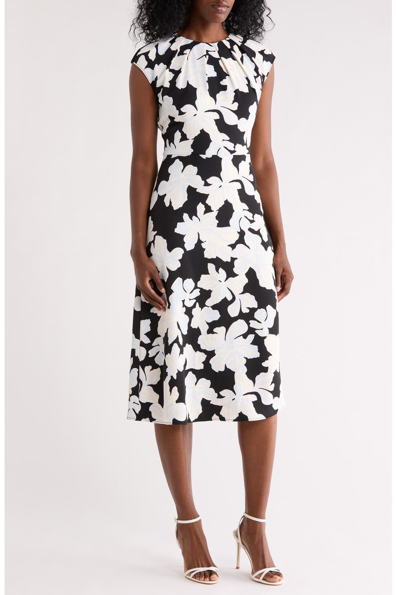 Floral Pleat Neck Cap Sleeve Midi Sheath Dress, Main, color, BLACK- BLUE CHLOE ABSTRACT