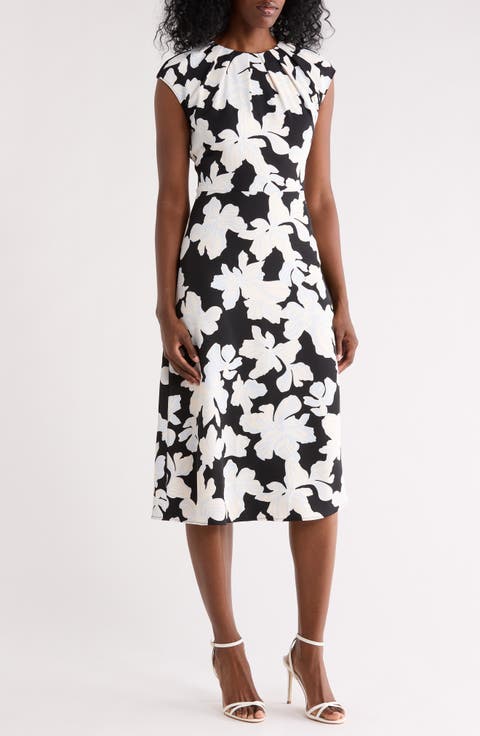 Floral Pleat Neck Cap Sleeve Midi Sheath Dress