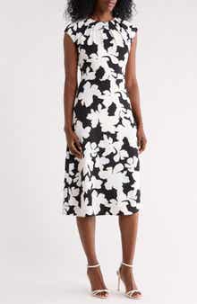 NORDSTROM RACK Floral Pleat Neck Cap Sleeve Midi Sheath Dress