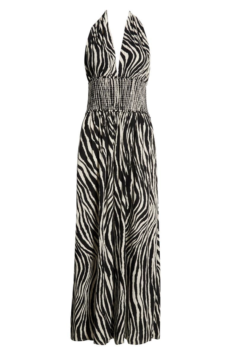 Elan Halter Smocked Waist Maxi Cover-Up Dress, Alternate, color, Black Zebra