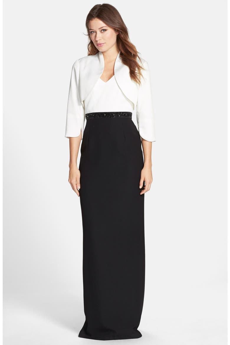 Embellished Colorblock Crepe Gown with Bolero, Main, color, BLACK/ IVORY
