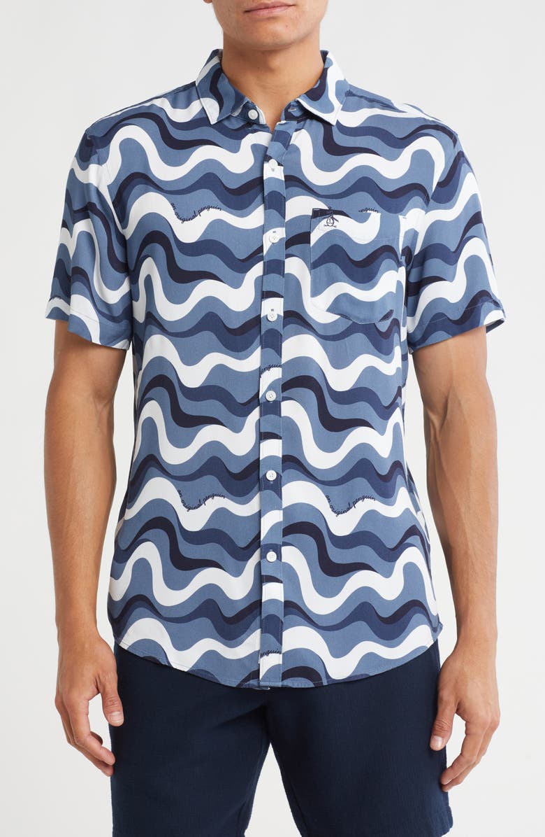 Original Penguin Wave Short Sleeve Button-Up Shirt, Main, color, Copen Blue
