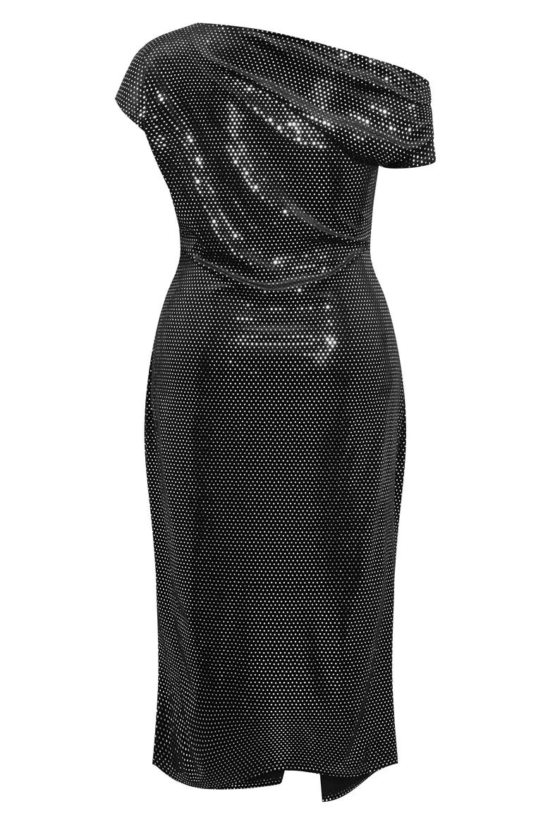 Shimmy Ruched One-Shoulder Midi Cocktail Dress, Alternate, color, BLACK