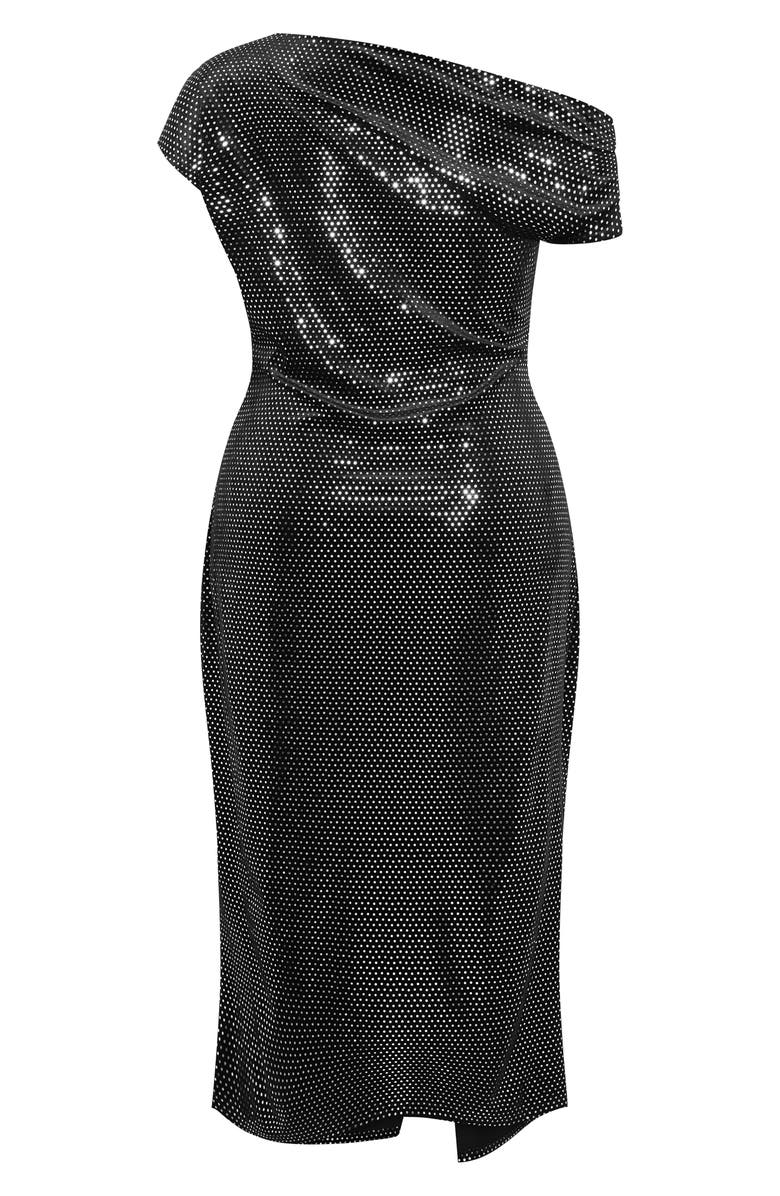 City Chic Shimmy Ruched One-Shoulder Midi Cocktail Dress, Alternate, color, Black