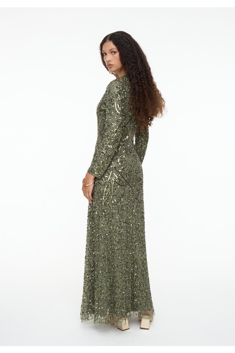 Modest Embellished Sequin Beaded Maxi Dress, Alternate, color, OLIVE