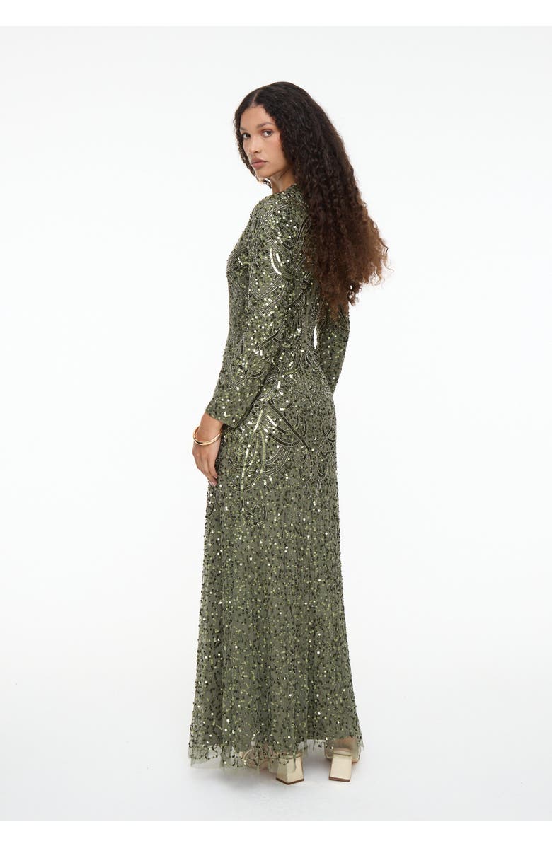 MARYISA Modest Embellished Sequin Beaded Maxi Dress, Alternate, color, Olive