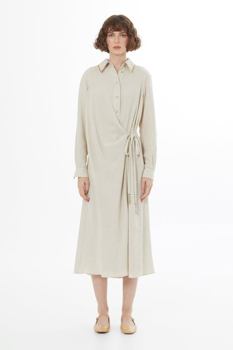 Beige Tie Detail Linen Midi Dress