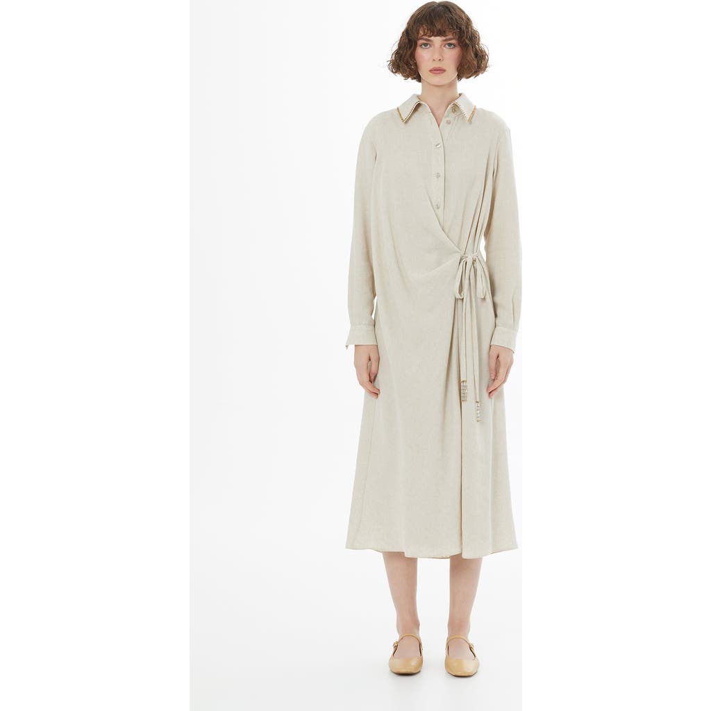 Gizia Beige Tie Detail Linen Midi Dress at Nordstrom, Size 40