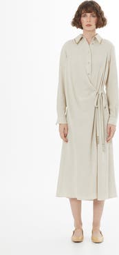 Gizia Beige Tie Detail Linen Midi Dress