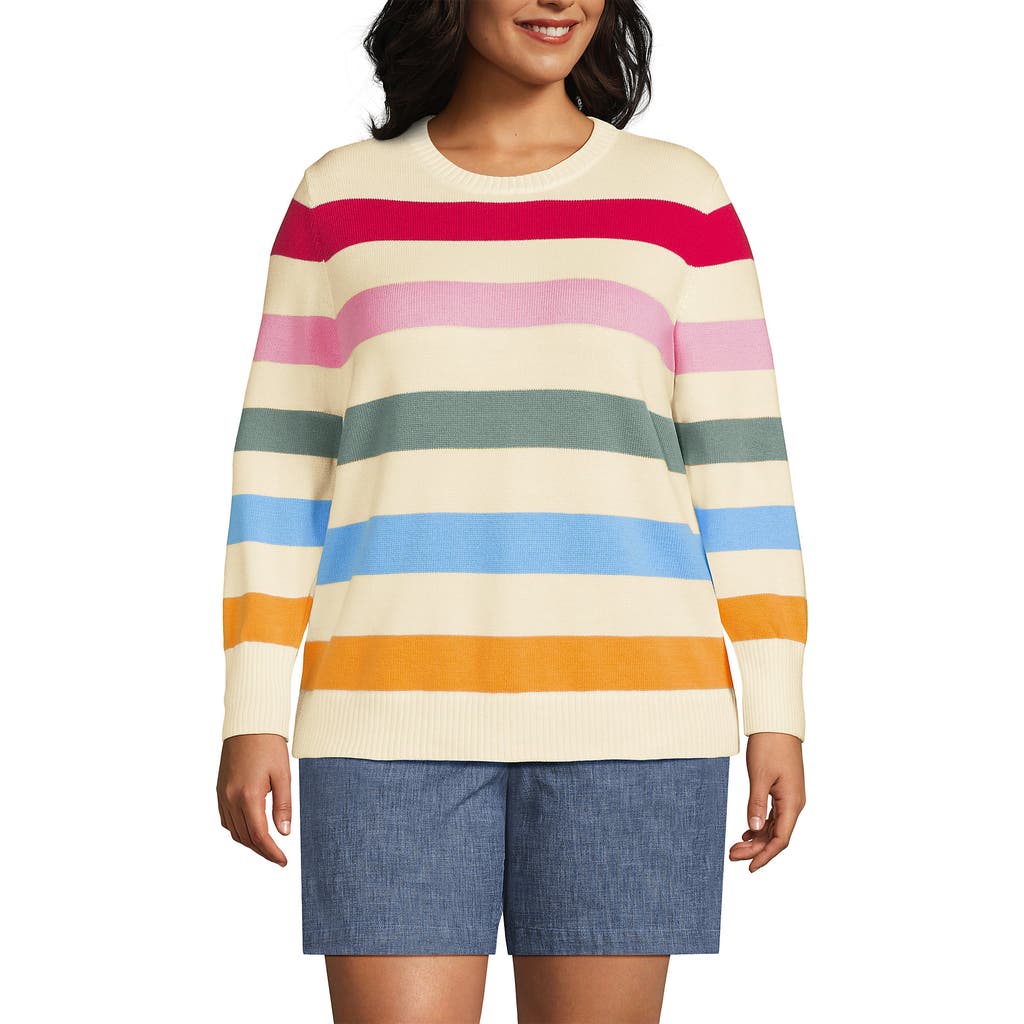 Lands' End Cotton Drifter Crew Neck Sweater In Fresh Ivory Multi Bold Stripe