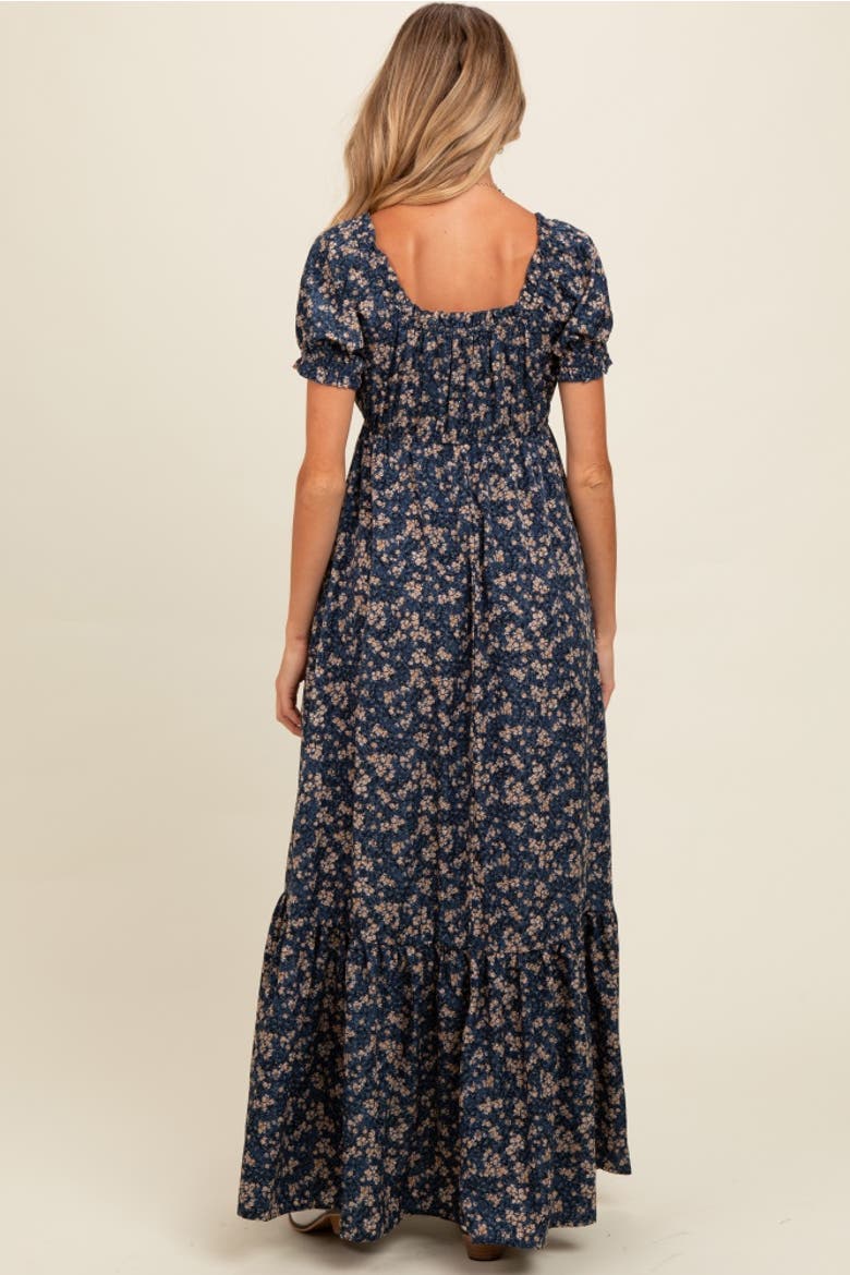 Floral Button Accent Maxi Dress, Alternate, color, Navy Blue