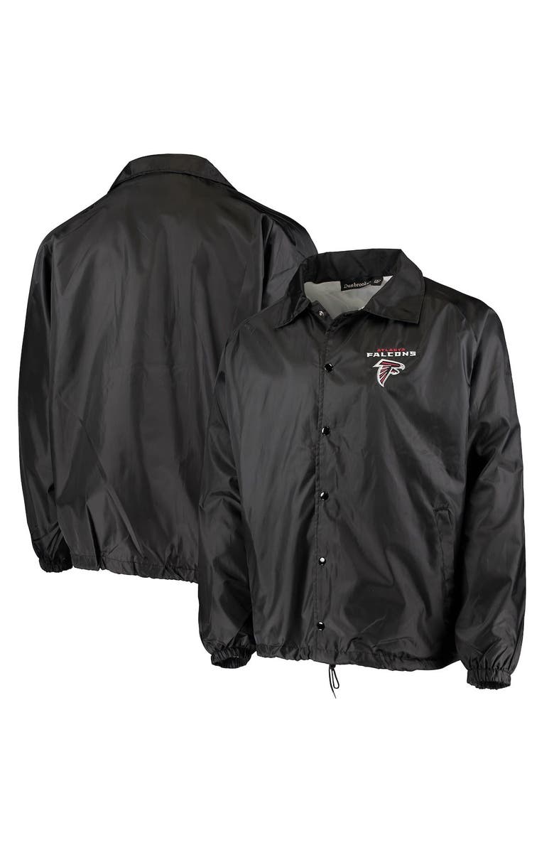 DUNBROOKE Men's Black Atlanta Falcons Coaches Classic Raglan Full-Snap Windbreaker Jacket, Main, color, 