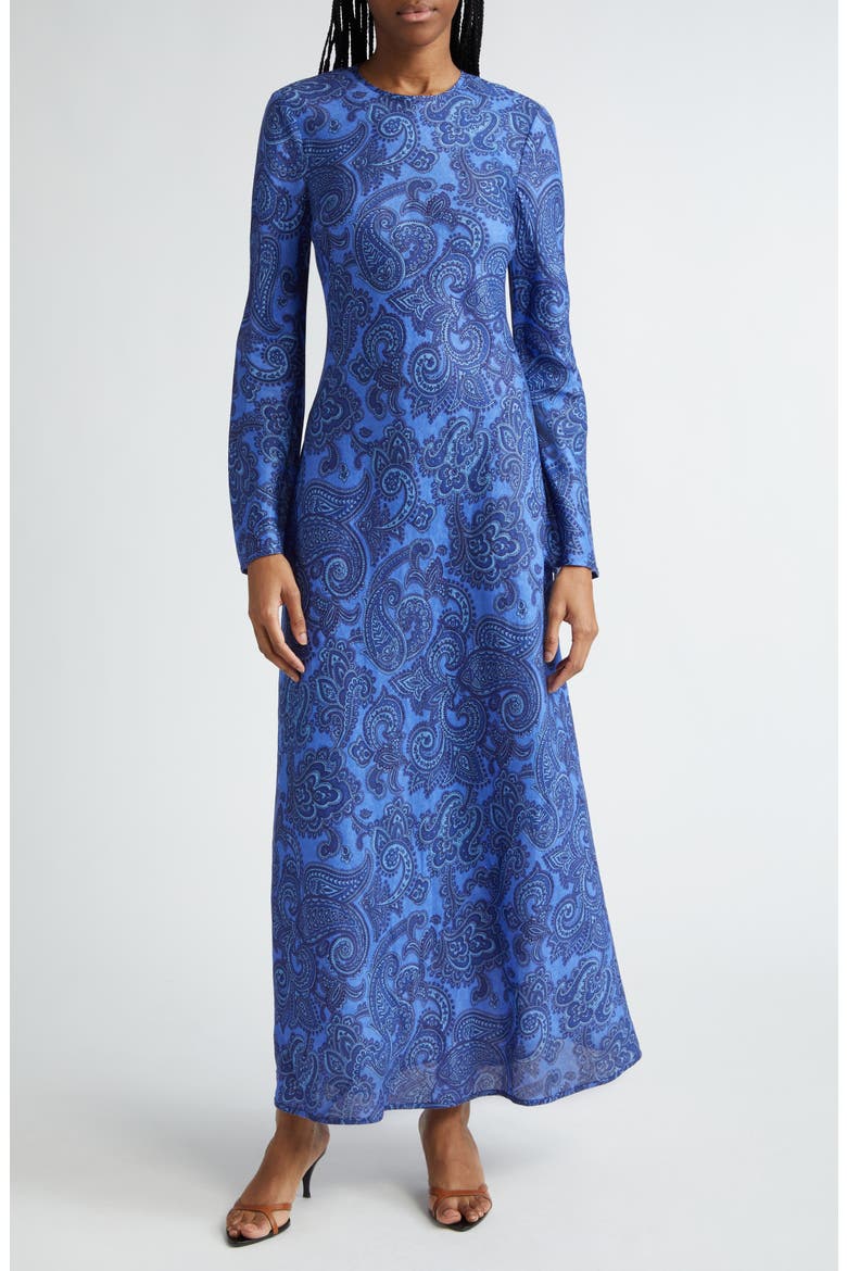 Ottie Paisley Long Sleeve Open Back Linen Maxi Dress, Main, color, BLUE PAISLEY