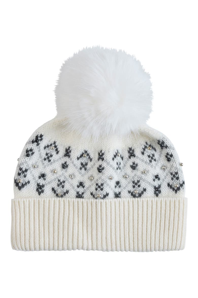 Fair Isle Beaded Cashmere Beanie, Main, color, IVORY