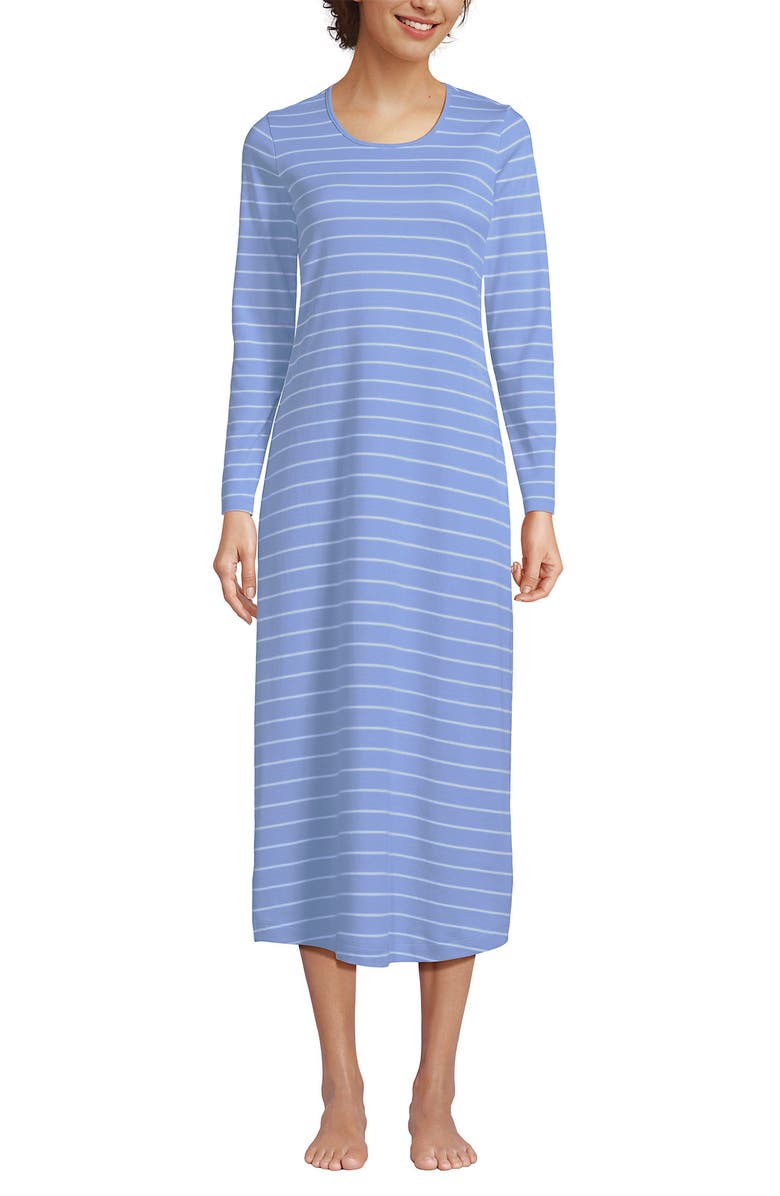 Lands' End Cotton Long Sleeve Midcalf Nightgown, Main, color, White/Clear Blue Sky Stripe