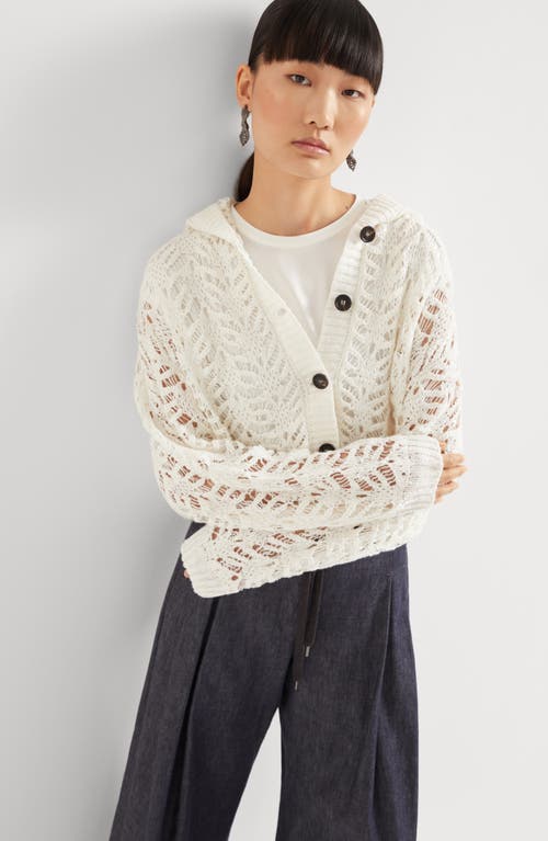 Brunello Cucinelli Foliage Lace Hooded Cardigan In Linen And Silk Diamond Yarn In White