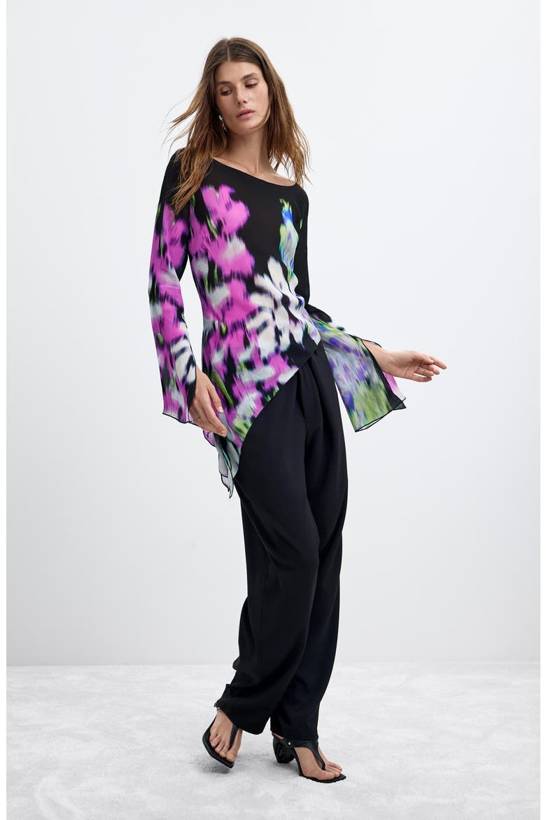 Printed Bell Sleeve Top, Alternate, color, BLACK