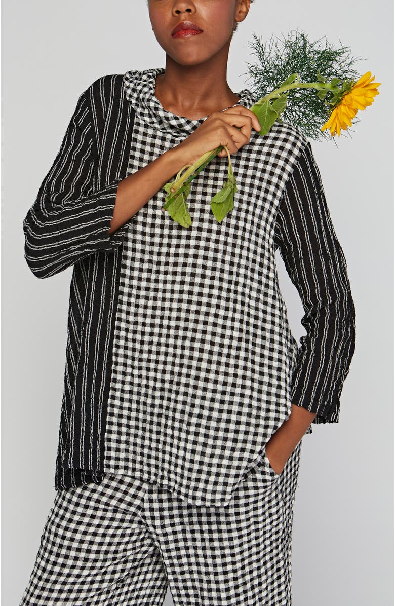 LUUKAA Illustra Checkered And Striped Blended, Gauze Linen Blouse, Main, color, Black