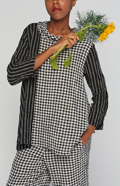 Illustra Checkered And Striped Blended, Gauze Linen Blouse