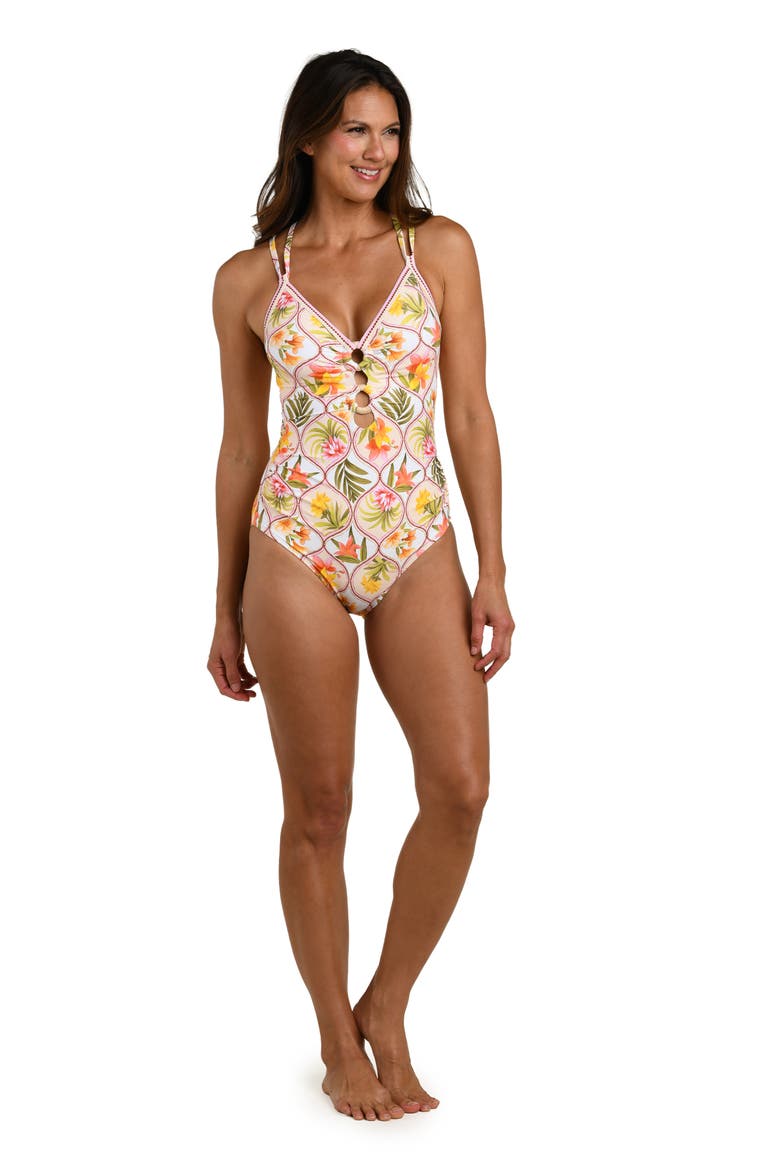 Palm Lace-Up Underwire One-Piece Swimsuit, Alternate, color, WHITE MULTI