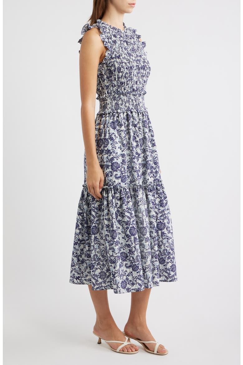 Vivier Smocked Midi Dress, Alternate, color, INDIGO MARIGOLD