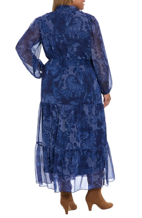 London Times Paisley Long Sleeve Tiered Chiffon Maxi Dress In Blue