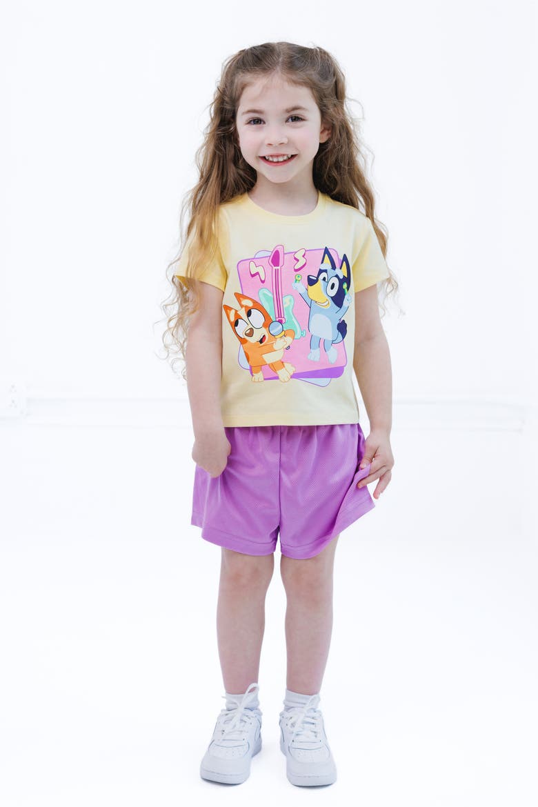 T-Shirt and Mesh Shorts Set, Alternate, color, Yellow Purple Bluey