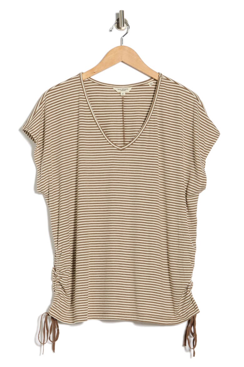 Stripe Cap Sleeve Cinch Side T-Shirt, Alternate, color, MUSHROOM/ ECRU