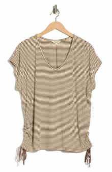 MAX STUDIO Stripe Cap Sleeve Cinch Side T-Shirt