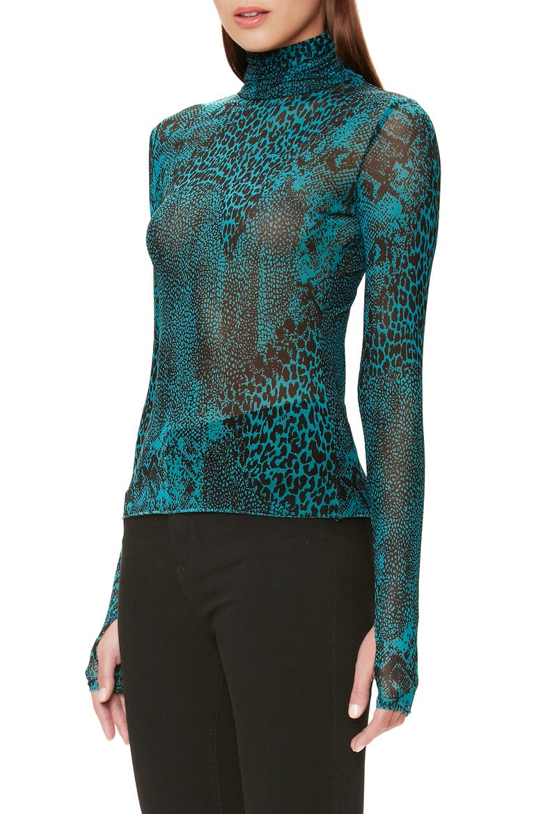 Zadie Semi Sheer Turtleneck, Alternate, color, TEAL ANIMAL