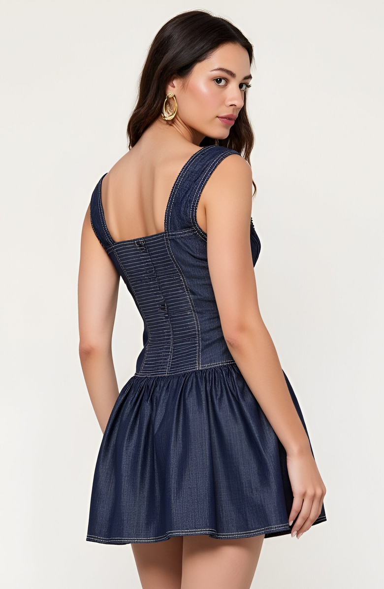 Modenaire Denim Mini Dress with Ruched Square Neckline and Front Button Detail, Alternate, color, 
