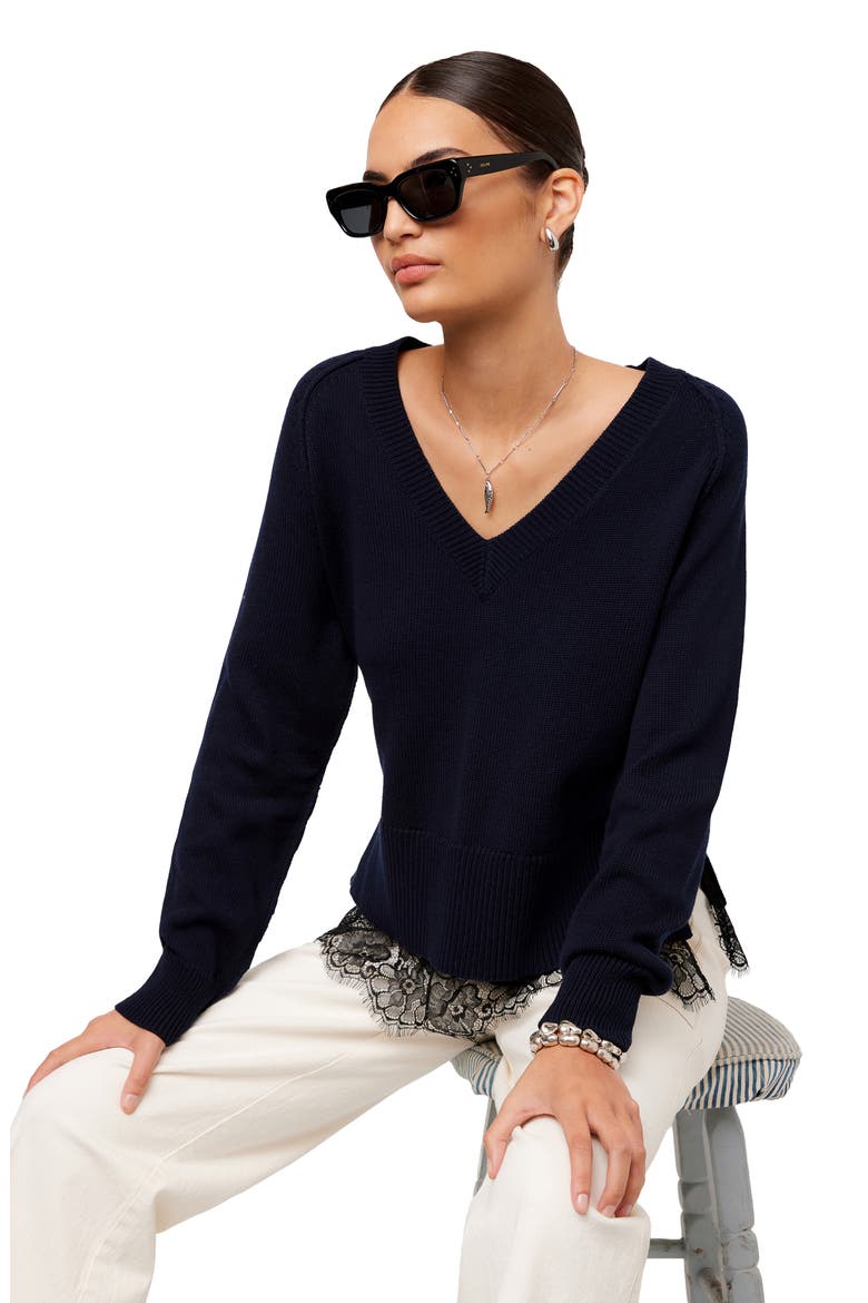 Camila Lace Layered V-Neck Sweater, Alternate, color, NAVY