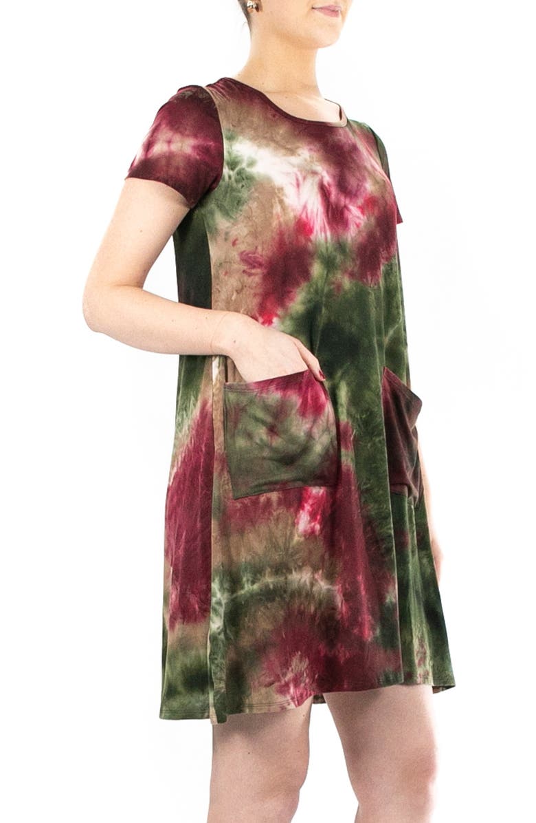 Nina Leonard Scoop Neck Tie-Dye Print Dress, Alternate, color, Olive Mult
