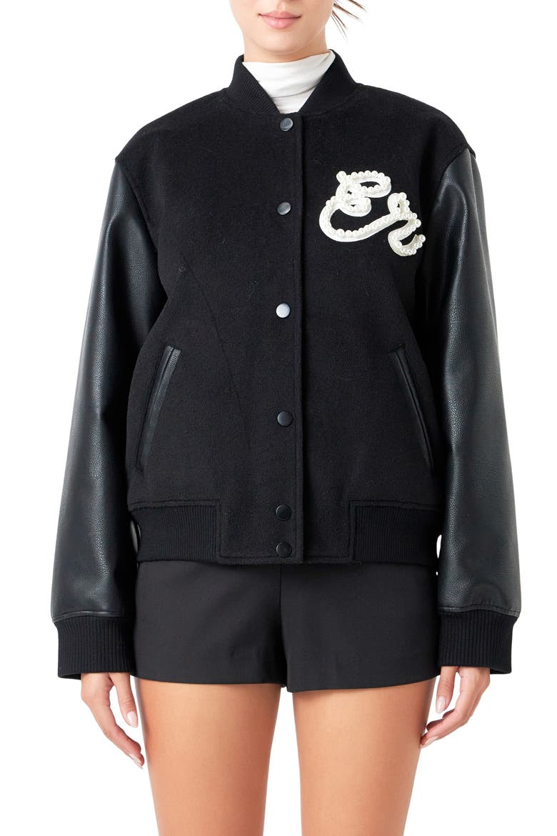 Imitation Pearl Detail Bomber Jacket, Main, color, BLACK