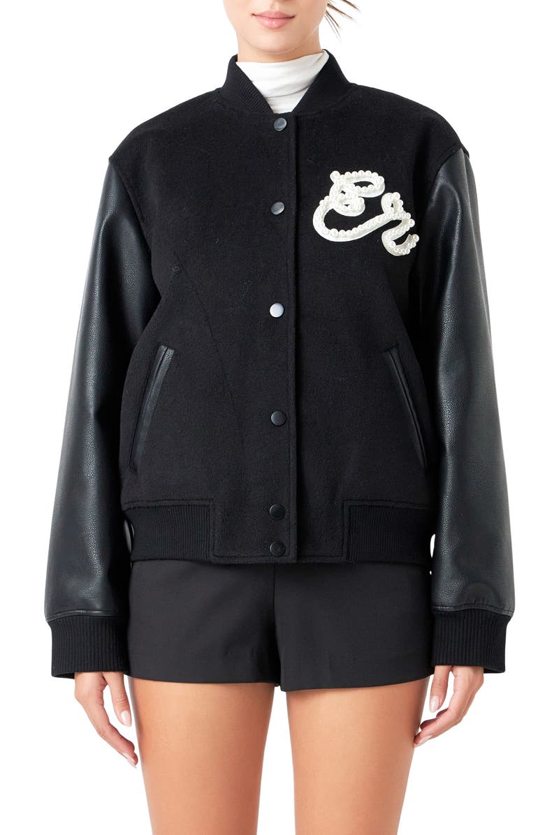 Endless Rose Imitation Pearl Detail Bomber Jacket, Main, color, Black