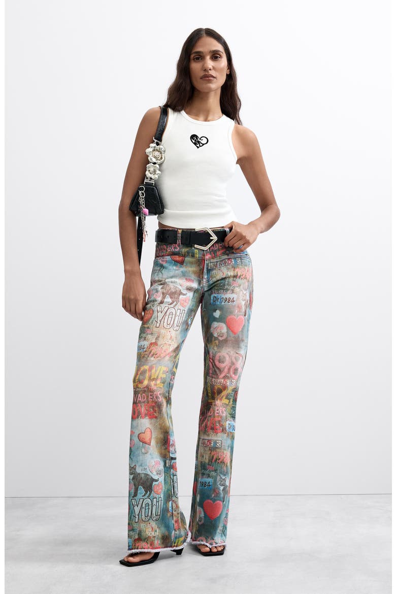 Graphic Flare Leg Jeans, Alternate, color, MEDIUM BLUE
