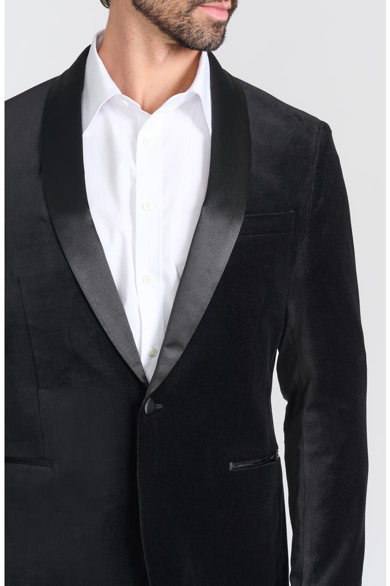Black Satin Shawl Collar Slim Fit Velvet Jacket, Alternate, color, BLACK