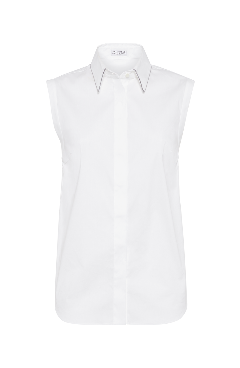 Brunello Cucinelli Stretch cotton poplin sleeveless shirt with shiny trim, Main, color, 