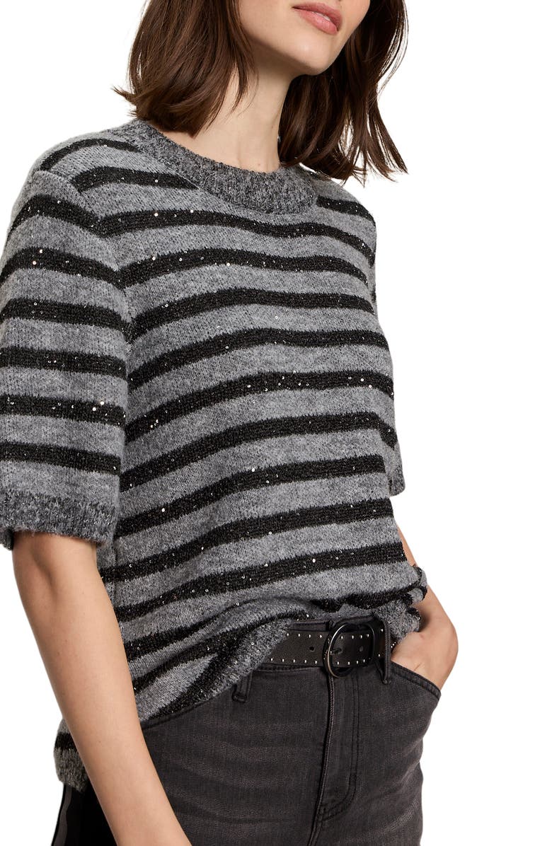 Sanctuary Stripe Short Sleeve Sweater, Alternate, color, Grey