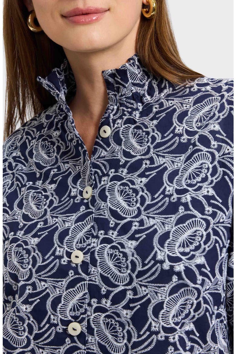 Carolina Floral Embroidered Cotton Button-Up Shirt, Alternate, color, NAVY/WHITE