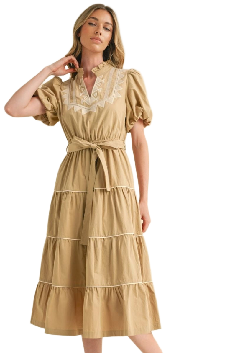 Knit and Lounge Embroidered Tiered Puff-Sleeve Tie-Waist Midi Dress, Alternate, color, 