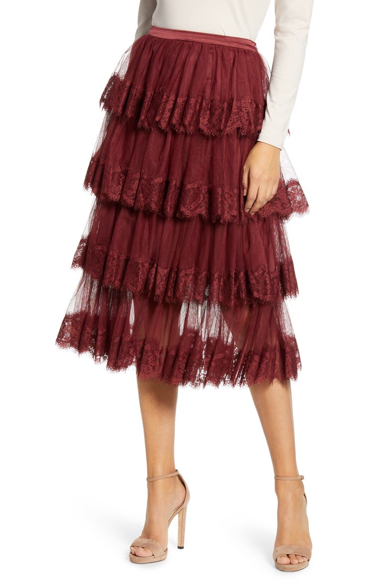 Lace Trim Tiered Mesh Skirt, Main, color, RED GRAPE