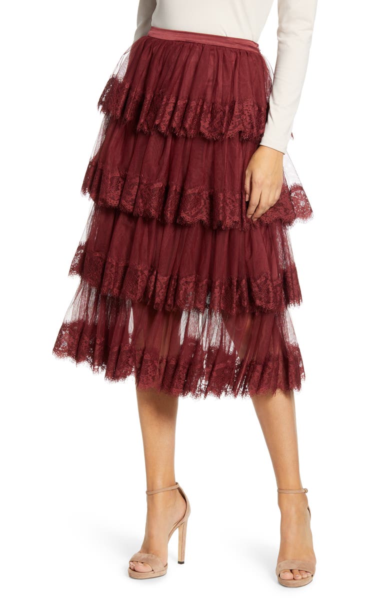 Rachel Parcell Lace Trim Tiered Mesh Skirt, Main, color, 