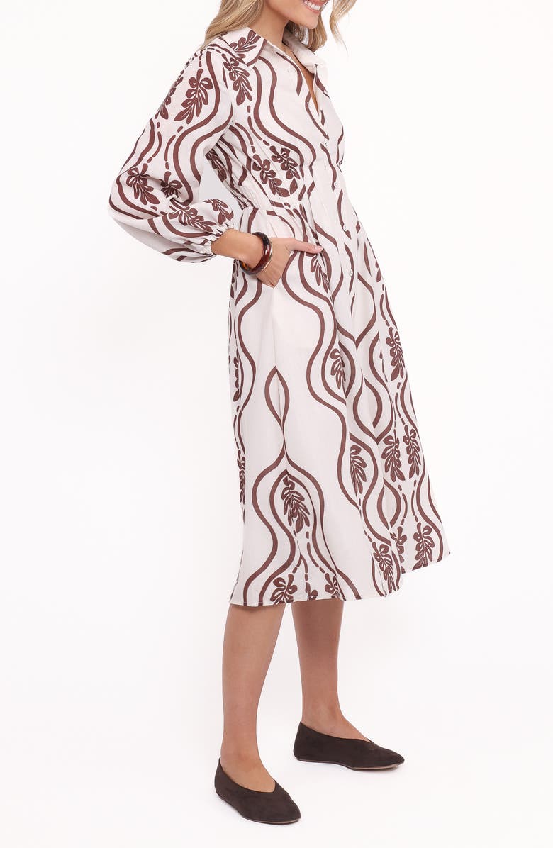 Petal & Pup Lira Long Sleeve Midi Shirtdress, Alternate, color, Ivory/ Brown Print