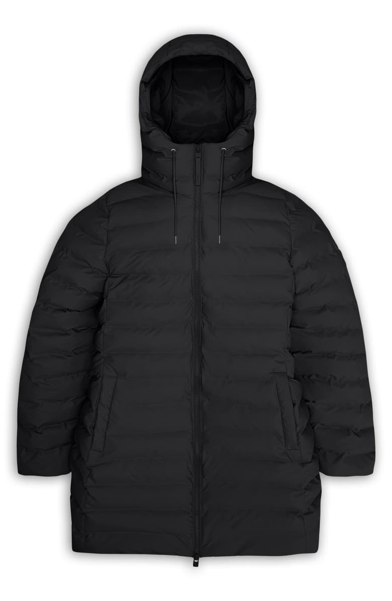 Rains Lohja Curve Waterproof Long Puffer Jacket, Alternate, color, Black