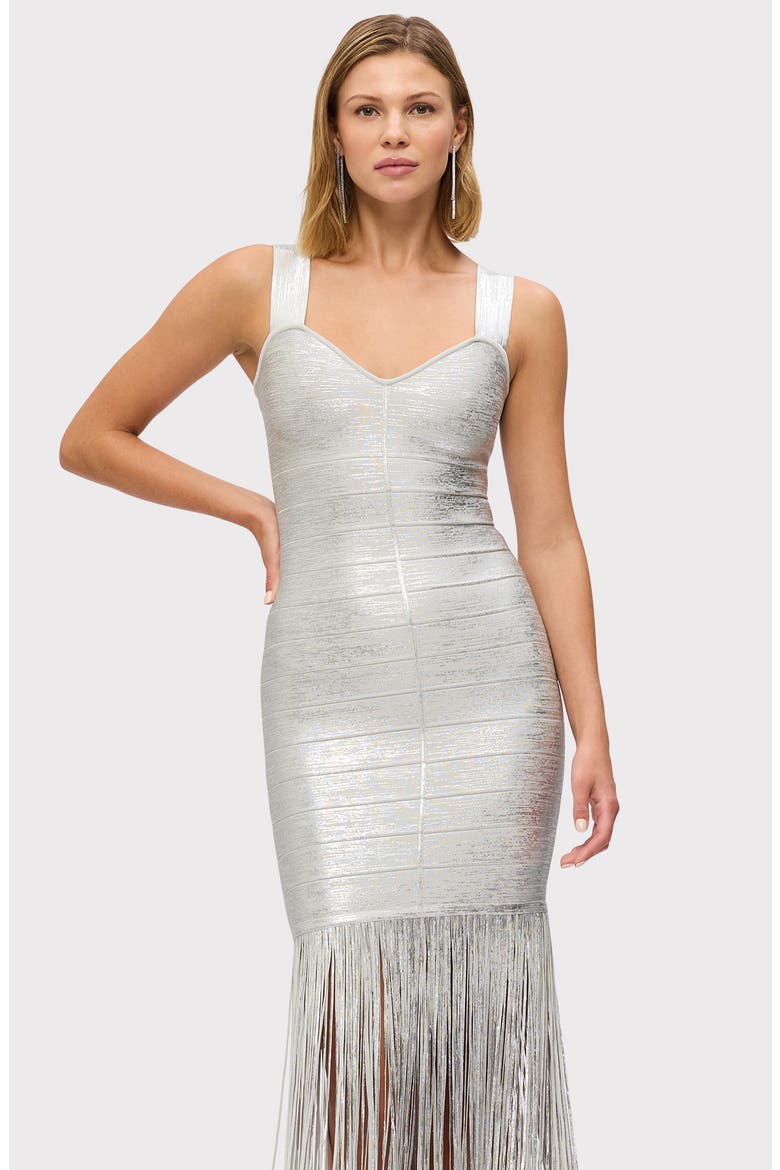 The Metallic Alba Fringe Gown, Alternate, color, SILVER FOIL