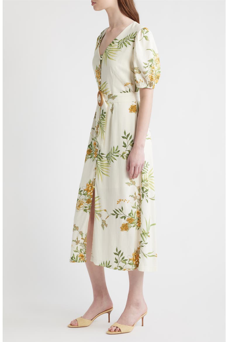 Printed Puff Sleeve Belted Midi Dress, Alternate, color, GREEN MULTI